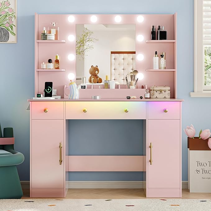 Vanity Desk with Mirror and Lights, 43'' Makeup Dressing Table Set with 5 Drawers & Power Outlet, 3 Lighting Modes Brightness Adjustable, Vanity with RGB Ambient Light for Women Girls Bedroom, Pink