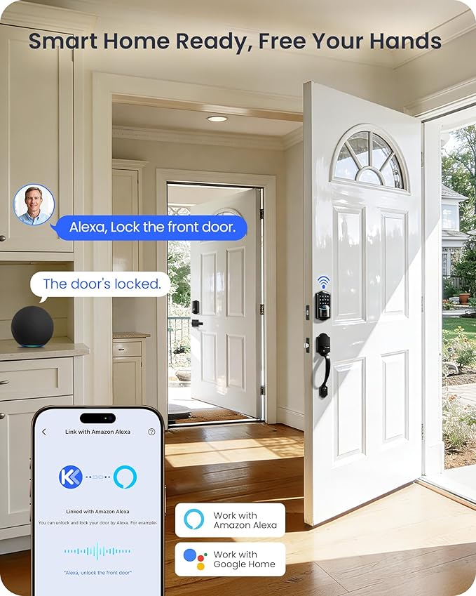 Veise VE027-H Built-in Wi-Fi Fingerprint Smart Deadbolt Lock with Handleset, App Remote & Voice Control, Keyless Entry Front Door Lock Set, Touchscreen Keypad, Auto-Lock, Easy Setup, Matte Black