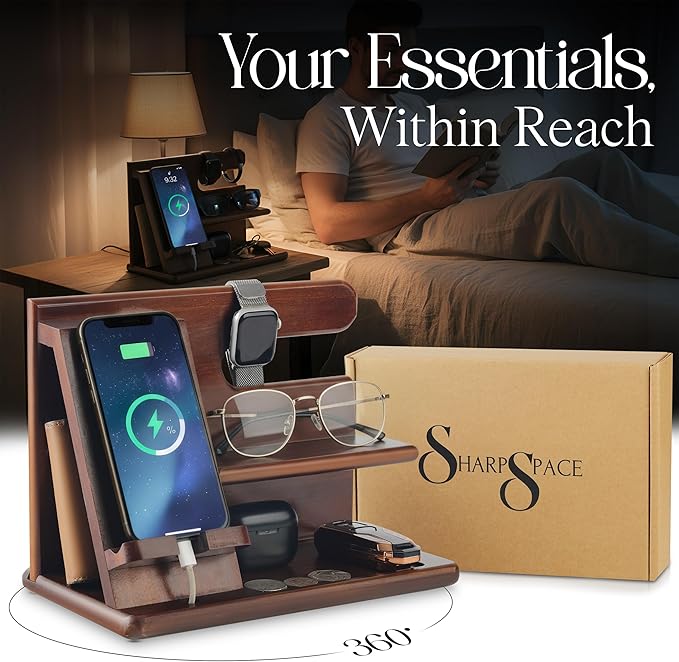 360° Rotating Nightstand Organizer - Wood Phone Docking Station with Rotating Base, Charging Slot, Holds watch, Wallet, Keys, Eyewear - Birthday Gifts for Men & Women, Bedroom or Office Use, Dark Brown