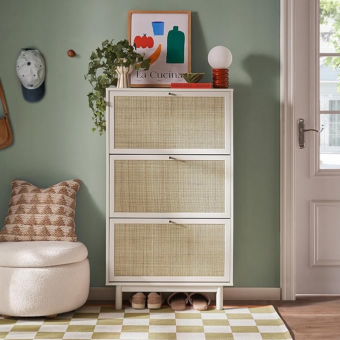 mopio Hannah Shoe Cabinet, Natural Rattan Farmhouse Shoe Storage Organizer, 3 Door Closet Rack for Entryway, Spacious Hallway Storage Cabinet with Doors & Shelves, Sturdy Solid Wood Legs (Whitewash)