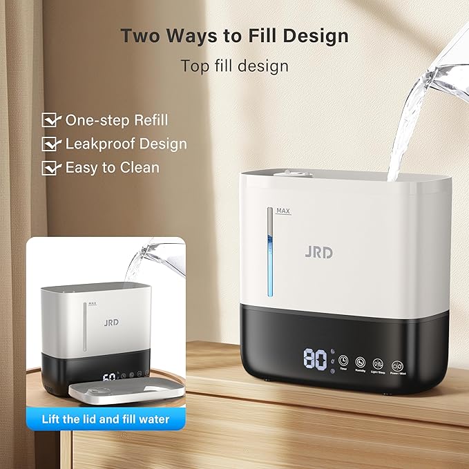 JRD Humidifiers for Bedroom, Ultrasonic Humidifier 4L for Large Room, Cool Mist Top-Fill, 40H Run, 12H Timer, 360° Nozzle, Aroma Diffuser, 7-Color Night Light for Home, Office, Baby(White)