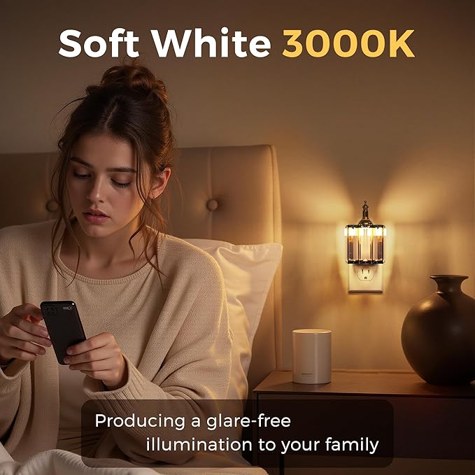 L LOHAS LED Night Light, 2 Pack Night Lights Plug into Wall, 3000K Soft White LED, Crystal Night Lights with Dusk to Dawn Sensor, 0-100lm Adjustable Brightness, for Hallway Bedroom Stairway