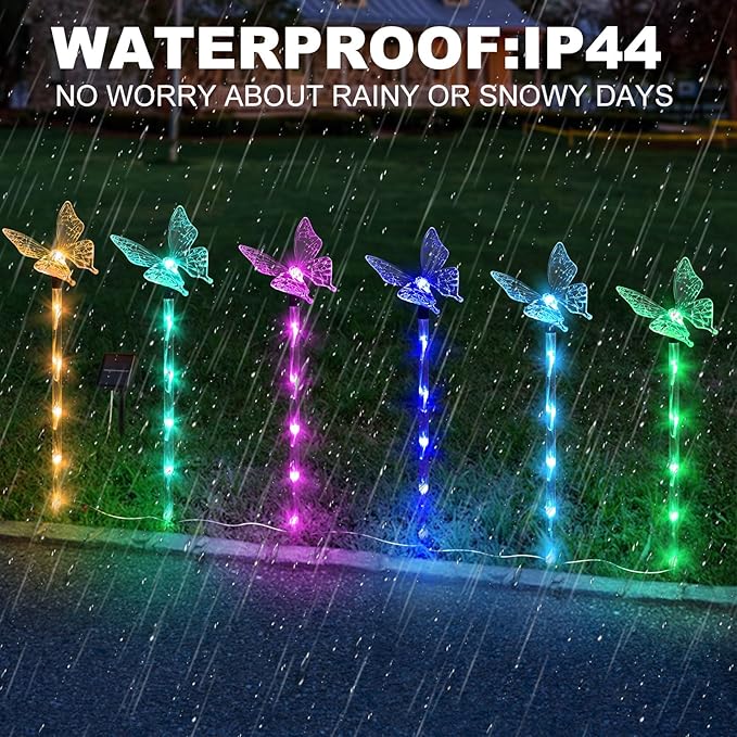 Set of 6 Arcylic Solar Lights for Outside, Solar Powered Garden Decorations with 8 Lighting Modes, Outdoor Waterproof Pathway Lights for Yard, Patio Plant Pot, Flower Bed (Butterfly)