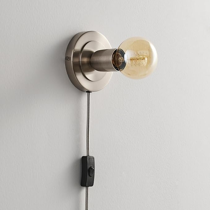 BRIGHTTIA Luna 1-Light Plug-in Wall Sconce - Mid Century Modern Minimalist Bedroom Home Office Lighting - Portable Wall Lamp for Apartments & Small Spaces with No J-Box - Brushed Nickel (BW0026-1NP)
