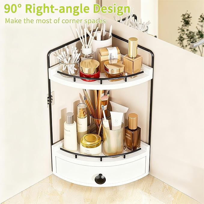 2-Tier Corner Bathroom Countertop Organizer with Drawer, Wooden Vanity Organizers for Makeup and Skincare Storage, Corner Counter Shelf with Embedded Screw Holes, White