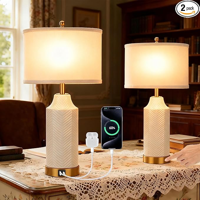 22" Touch Table Lamps Set of 2 with USB A+C Ports for Living Room, Dimmable Nightstand Ceramic Lamps with Linen Shade, Modern Bedside Lamp for Bedroom Home Decor, No Bulbs (2, White and Beige)