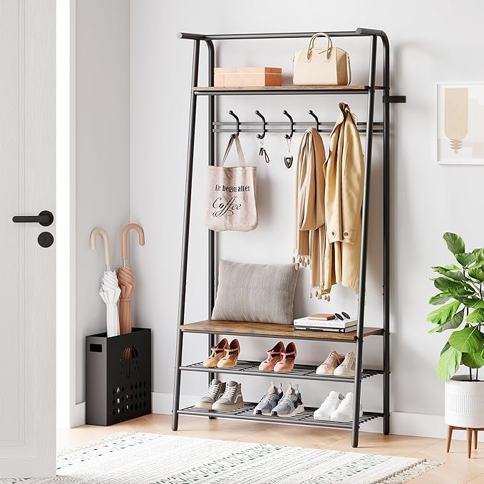 Coat Rack Hall Tree with Shoe Storage Bench, 4-in-1 Entryway Bench with 8 Hooks & 3-Tier Shoe Rack, Metal Frame for Entryway, Freestanding Coat Racks Storage for Hallway, Front Door