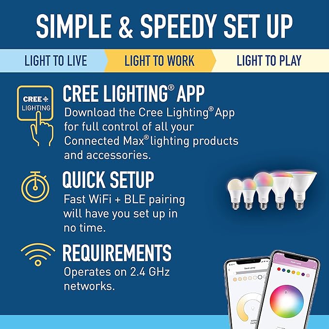 Cree Lighting Connected Max Smart Led Bulb A19 60W Tunable White + Color Changing, 2.4 Ghz, Works with Alexa and Google Home, No Hub Required, Bluetooth + WiFi, 1Pk