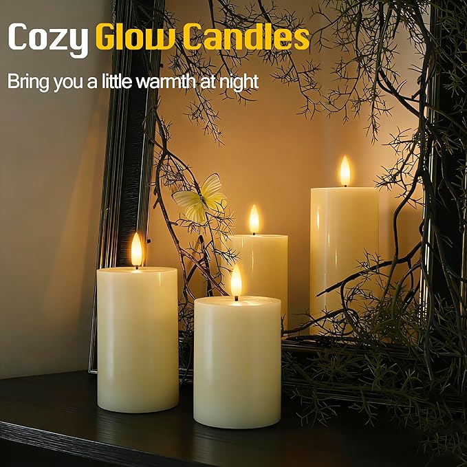 Flameless Pillar Candles with Remote Set of 4, Real Wax LED Battery Operated Candles, Safe Home Décor for Living Room, Bedroom, and Dining Table, Ivory