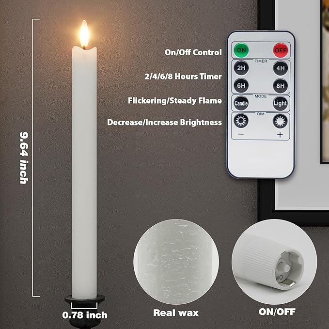Patiphan Rechargeable Flameless Taper Candles with Charging Station, 6 Pcs Real Wax LED Taper Candles Flickering with Remote&Timer, 3D Flame Candlesticks for Home Wedding Christmas Decor (White)