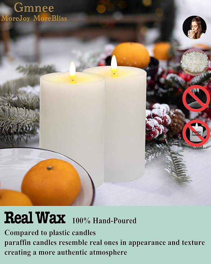 4"x8" Flickering Flameless Candles with Remote Timer, 4" Diameter Extra-Large White Pillar, Wax, 2 Pack Tall Battery Operated LED Candles for Table and Fireplace Decor (H 8")