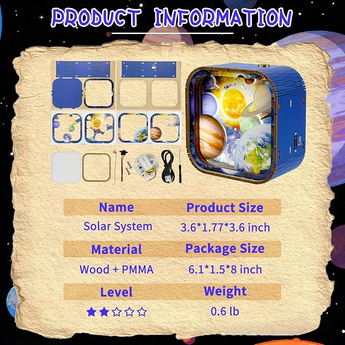 3D Wooden Puzzle Night Light DIY LED Wooden Lamp Kit for Adults Desk Decor Educational Art Project Table Ornament and Unique Gift (Solar System)