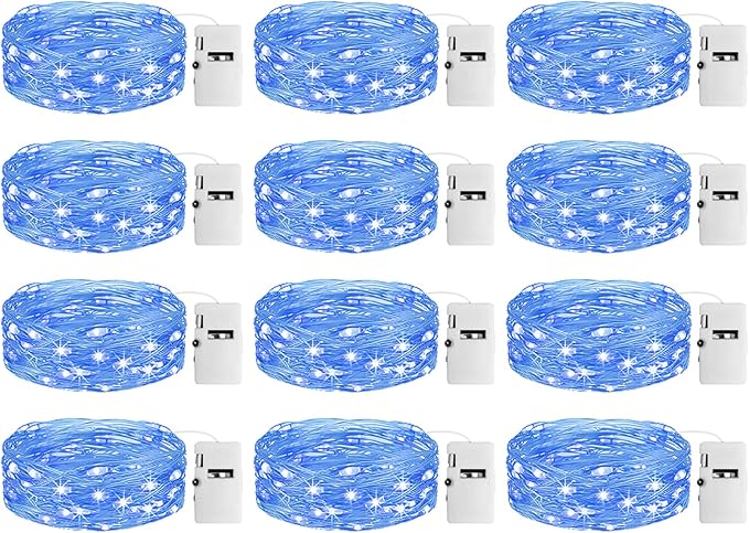 12 Pack Fairy Lights with Timer Battery Operated, 3 Modes 7ft Mini Twinkle Lights Waterproof, 20 LED Bulk String Light for Mason Jars Christmas Decoration Wedding Table Centerpieces,Blue