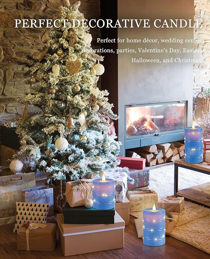 Da by Flameless Candles with String Lights，Battery Operated Candles,LED Flickering Candles with Remote Control and Timer, Real Wax, 3 Pack-Blue.
