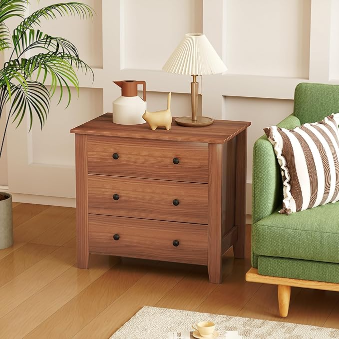 Giantex Small 3-Drawer Dresser for Bedroom - 28.5” x 18” x 26” Wide Chest of Drawers, Modern Large Nightstand, Storage Cabinet, Closet Storage Organizer for Living Room, Hallway (Walnut)
