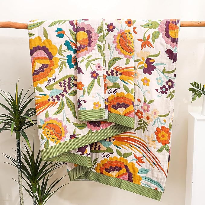 Boho Throw Blanket for Home Decor,Ultra Soft Throw Rustic Classic Quilt,100% Cotton Muslin Blankets for Adults, Reversible Woven Decorative Blanket for Bed Layering Use,Bid & Floral, 50"x60"