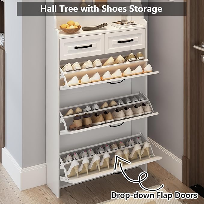 Betoko Hall Tree with Shoes Storage,Farmhouse Entryway Coat Rack Wooden Mudroom Hallway Tree Bench Corner Tree Cabinet with 8 Coat Hooks and 3 Shoes Cabinets and 2 Drawers(White)