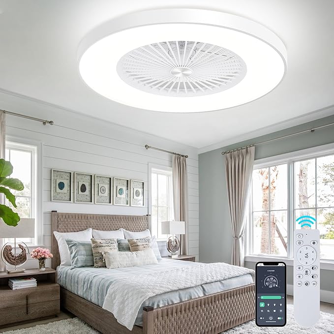 24" Enclosed Ceiling Fan with Light, Low Profile Bladeless Ceiling Fan for Bedroom, 6-Speed Quiet Flush Mount Ceiling Fan with Remote & APP Control, 3-Color Dimmable LED, White