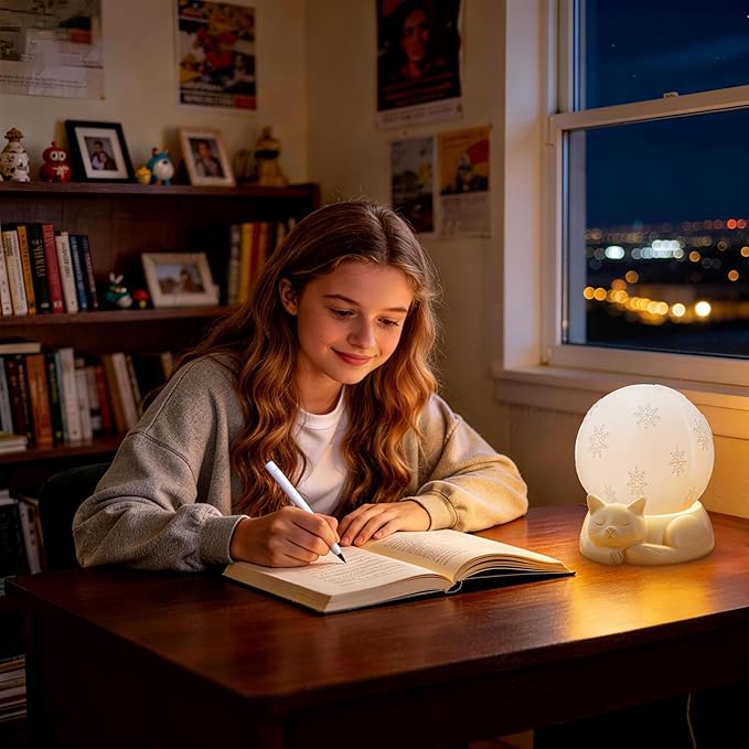 Bedside Table Lamp for Bedroom - Touch Control Rotating Cat Lamp with 3 Color Temperature, Rechargeable Battery Operated Cordless Lamp for Nightstand, Nursery, Kids Room