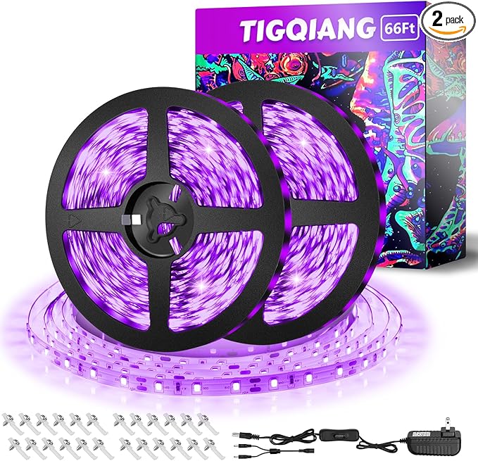 Black Light Strip, 20M/66ft Flexible LED Light Strip Kit, 1200 Lamp Beads, 12V Black Light, Non-Waterproof for Indoor Fluorescent Dance Party, Stage, Birthday, Weeding Dark Party