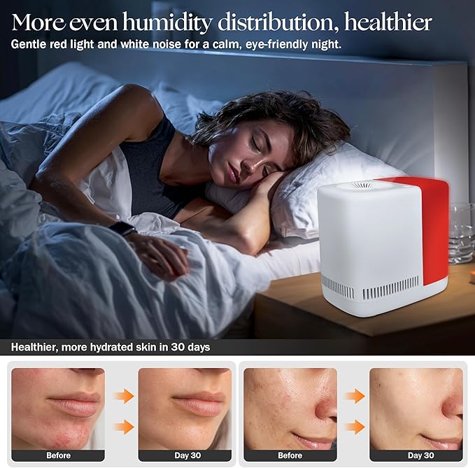 Evaporative Humidifier for Bedroom (No Mist) – Dishwasher Safe, No White Dust, Smart Remote with Sensor, Red Sleep Light, White Noise, Nursery Humidifier with 2.5L Tank, 2 Filters & Aroma Kit