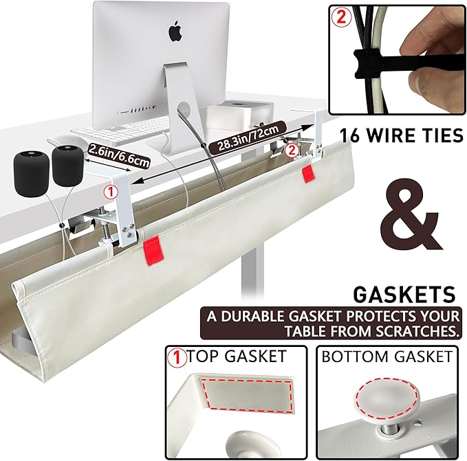 [Upgraded] Under Desk Cable Management, 48" Cord Organizer, with Silicone Pads (No Scratch!), 16 Cable Ties, Washable PE Honeycomb Base,Fits Any Desk 0-2.1", No Stinky Cardboard!Beige 48"L x 6"W