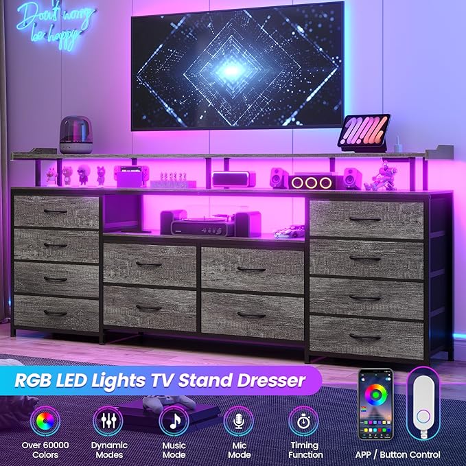 BTHFST 12 Drawers TV Stand Dresser for 65/70 inch TV, Entertainment Center with LED Lights & Power Outlets, 63" Large LED TV Stand, TV Console for Bedroom