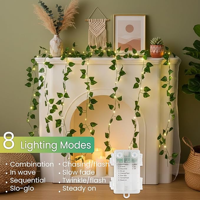 Vine Fairy Lights for Bedroom Wall, 23FT 73 LED Vine String Lights, USB/Battery Powered, Faux Pothos Garland with Light for Dorm Room, Wedding, Party & Home Decor, Warm White