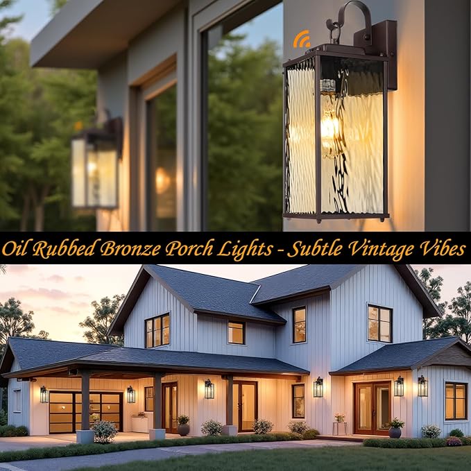 Dusk to Dawn Outdoor Light Fixtures Oil Rubbed Bronze 2-Pack, Water Ripple Glass Vintage Brown Exterior Lantern Lights with Photocell Sensor IP65 Waterproof Coach Carriage Lights, E26