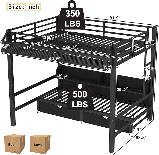Bellemave Queen Over Queen Metal Bunk Bed with Storage Drawers and Shelves, Heavy Duty Bunk Beds with LED Lights and Charging Station for Kids,Adults,Convertible into a Sofa Bed,Black