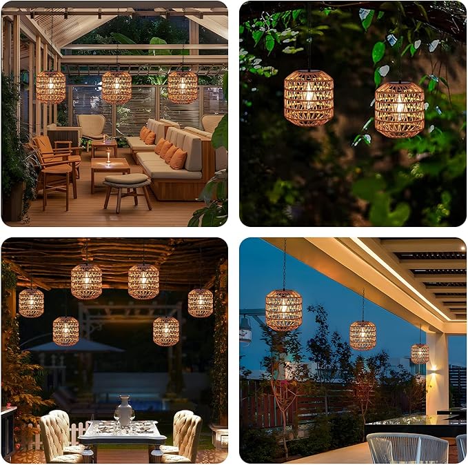 Livinlarge Solar Pendant Light Outdoor,Chandelier Hanging Lantern with Edison Bulb,Boho Solar Powered Lamps IP44 Waterproof for Gazebo Tree Porch Yard Porch Patio Garden Backyard Decorative