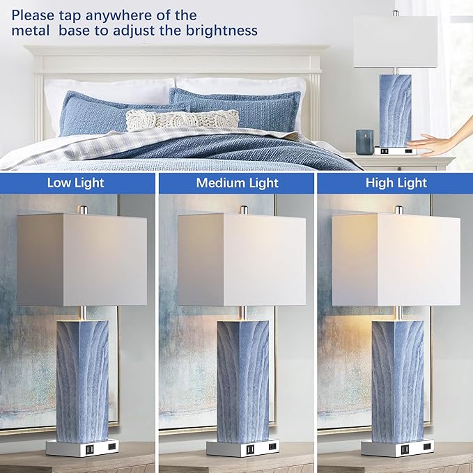 Touch Control Table Lamps with White Fabric Shade Set of 2, 3-Way Dimmable Modern Ceramic Blue Nightstand Bedside Lamp with 2 USB Ports 1 AC Outlet for Living Room, Bedroom (LED Bulbs Included)