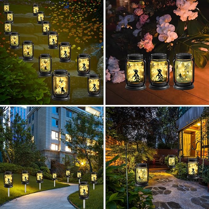 YJFWAL Solar Cat & Butterfly Lanterns Outdoor Waterproof - Cat Lover Gifts for Women Mom Grandmom Birthday Mothers Day, LED Hanging Mason Jar Fairy Lights for Garden Yard Patio Decor