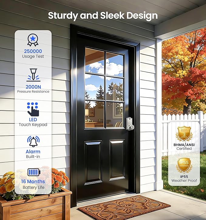 Veise VE018 Smart Knob Handle Lock - Fingerprint, App Control, Keyless Entry for Front Door and Bedroom, Electronic Digital Keypad, Auto Lock, Remote Access Sharing, IP55 Weatherproof, Satin Nickel
