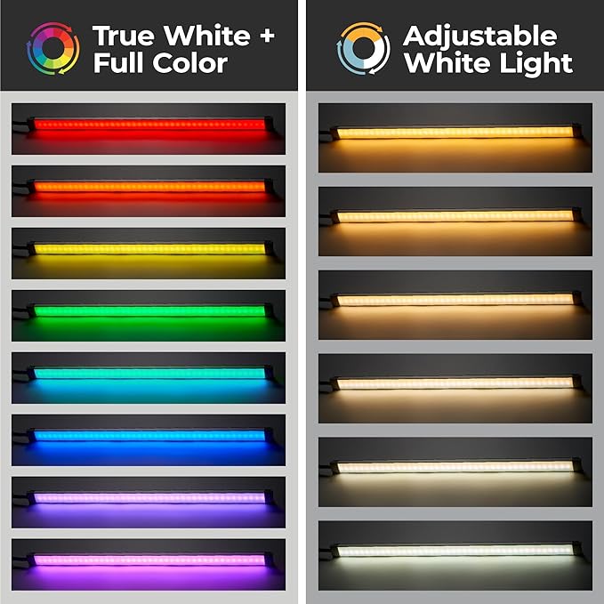 PureOptics LED Professional Push Wire® Under Cabinet Light Bar, Add-on, Plug-in or Hardwire Compatible, Adjustable White and RGB LED, for Kitchen, Utility Light, Closets, Garage, Pantry, (1) 18" Bar