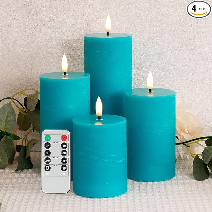 Teal Flameless Pillar Candles, Battery Operated Candles with Remote, Real Wax Flickering LED Candles for Home Party Wedding Holiday Decor, Set of 4, Φ 3" H 4" 5" 6" 8"