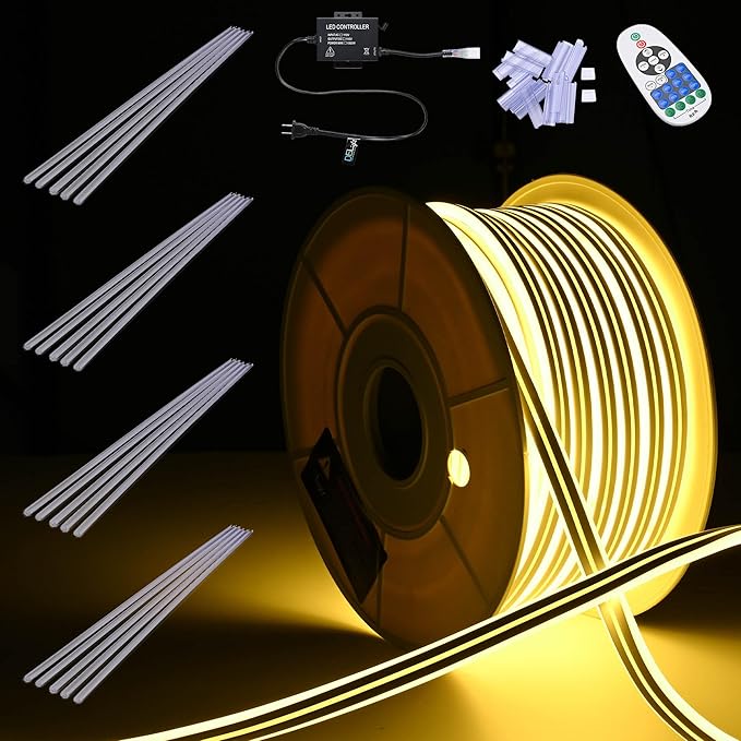 DELight AC 110-120V Waterproof IP65 Cozy 2700K Warm White 100ft Railing Neon Rope Lights with U Channel Remote Control Dimmable Cuttable Flexible LED Strip Lights Outdoor Patio Retro Vibe DEL-D1M100W