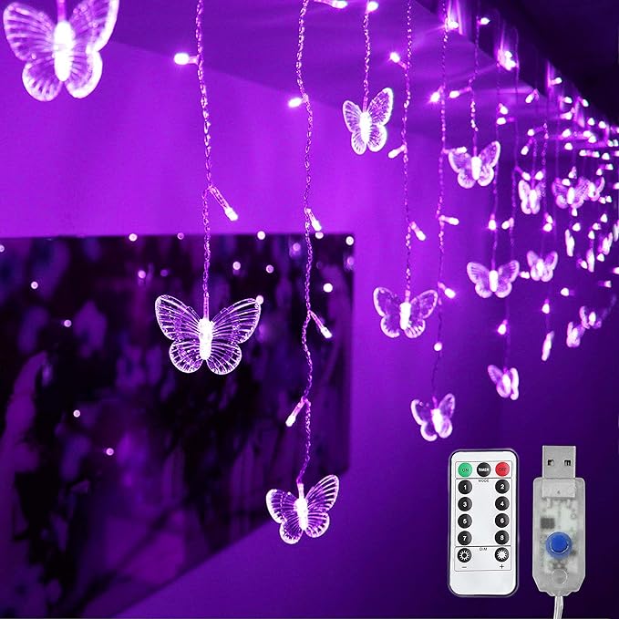 Butterfly Curtain Fairy Light, 8 Modes 120 LED USB Window Firefly Twinkle Timer String Lights 24 Butterflies with Remote, Waterproof Copper Wire for Room Bedroom Christmas Wedding Party Dorm Patio