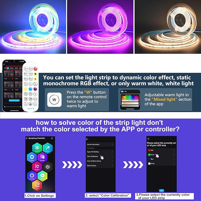 Addressable COB RGB+IC Led Strip Lights 24V, 10mm Width RGBW Multicolor COB Led Light Strip with Remote, APP Control, Music Sync, 784 LEDs/m,16.4FT Flexible Smart WiFi LED for Bedroom, TV Light
