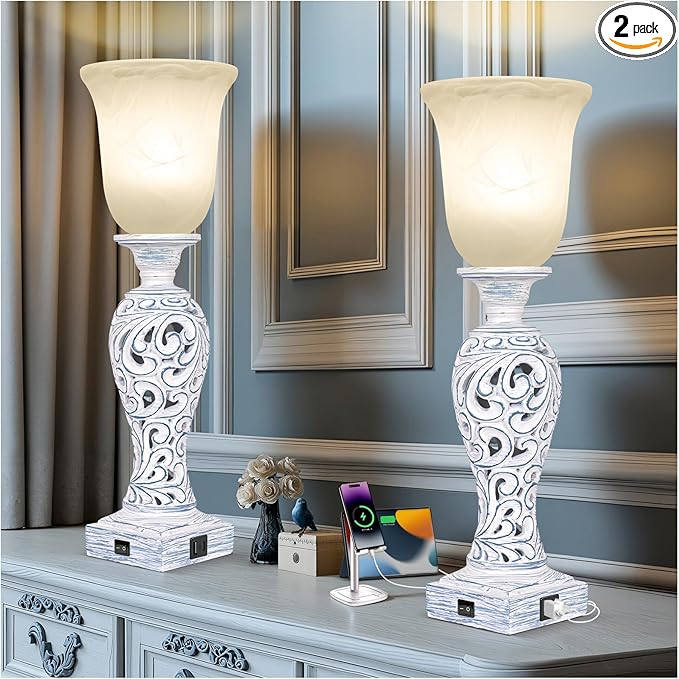 20" Vintage Table Lamp Set of 2 for Living Room, Rustic Farmhouse Bedside Lamps for Bedroom, 3-Way Dimmable Desk Lamps with Nightlight and 2 USB Ports, Traditional Nightstand Lamps with Glass Shade