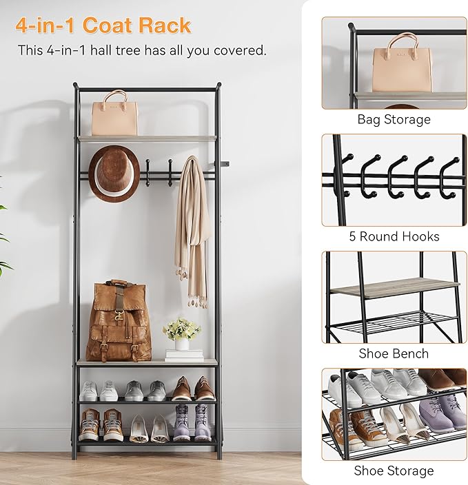 Coat Rack Hall Tree with Shoe Storage Bench, 4-in-1 Entryway Bench with 6 Hooks & 3-Tier Shoe Rack, Metal Frame for Entryways, Freestanding Coat Racks Storage for Entryway, Hallway, Front Door