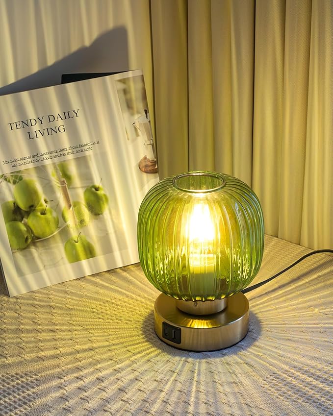 Touch Control Small Table Lamp Set of 2, Elegant Green Glass Bedside Lamp 3 Way Dimmable with USB C+A Charging Ports - Bedroom Nightstand & Living Room Essential, 4W Bulb Included