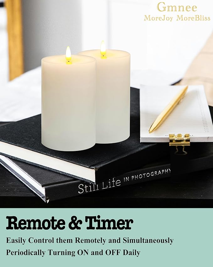 4"x8" Flickering Flameless Candles with Remote Timer, 4" Diameter Extra-Large White Pillar, Wax, 2 Pack Tall Battery Operated LED Candles for Table and Fireplace Decor (H 8")
