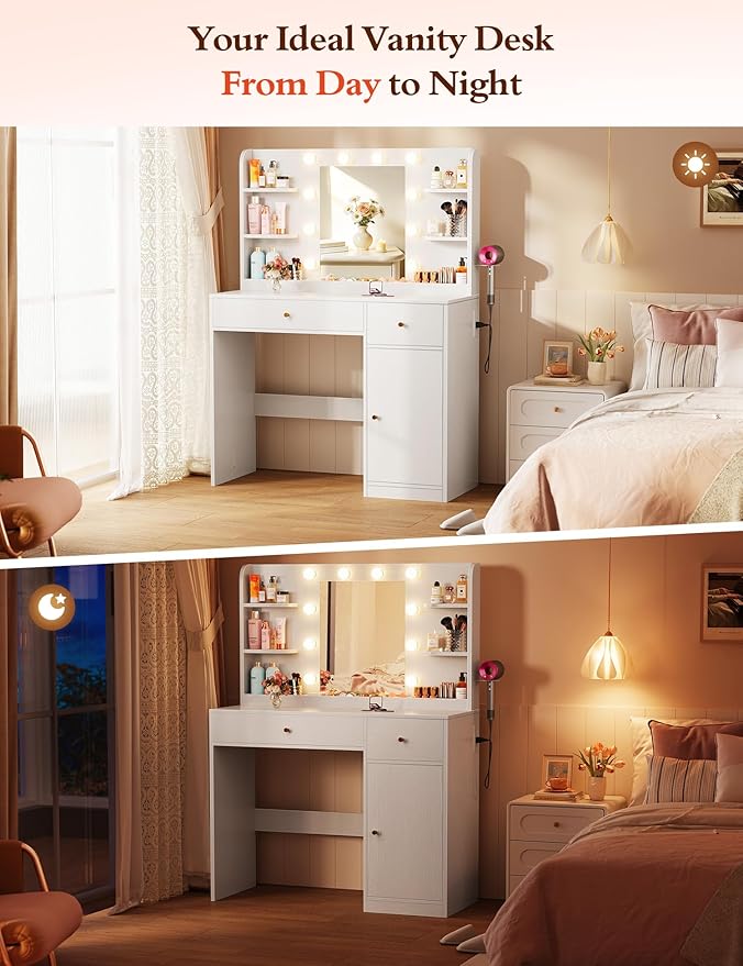 Vanity Desk with Mirror and Lights, 35" Makeup Vanity with 2 Drawers, Storage Cabinet, 8 Open Shelves, 3 Lighting Modes Adjustable Brightness, Power Outlet, Dressing Table for Bedroom, White