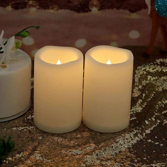 CANDLE CHOICE Waterproof Outdoor Battery Operated Flameless Candles with Remote Timer Plastic Flickering Fake Electric LED Pillars for Lantern Garden Wedding Christmas Decorations 3x5 Inches 2 PCS