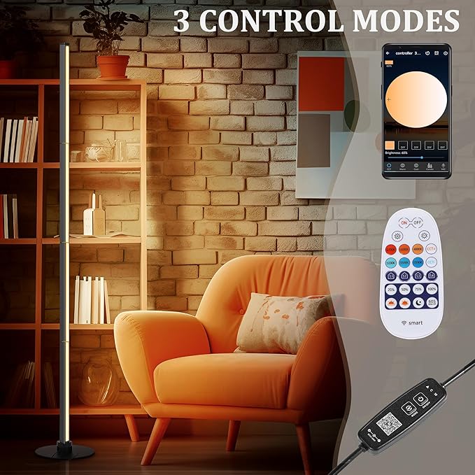 PMS 63“ Modern Metal Floor Lamp, Warm to White Color Changing Standing Lamp, Stepless Dimmable Brightness Corner Lamp with APP & Remote Control for Living Room, Bedroom, Office