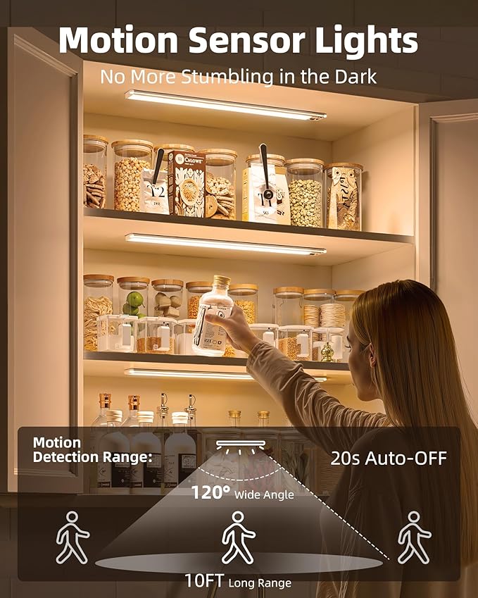EZVALO Under Cabinet Lights, 14.5i'' Motion Sensor Light Indoor Dimmable, 4000mAh Rechargeable Closet Lights 3500K with Remote Control, Wireless Under Counter Light for Kitchen,Cabinet,Bedroom(4Pcs)