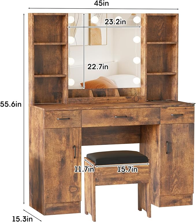Makeup Vanity Table with Lighted Mirror & Power Outlets, Large Vanity Set Vanity Desk with Storage Stool, 3 Lighting Modes, Brightness Adjustable, 45inch, Rustic Brown