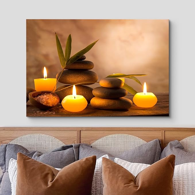 wall26 Canvas Print Wall Art Candles with Massage Stones in Romantic Brown Atmosphere Floral Nature Photography Realism Bohemian Scenic Relax/Calm Cool for Living Room, Bedroom, Bathroom - 32"x48"