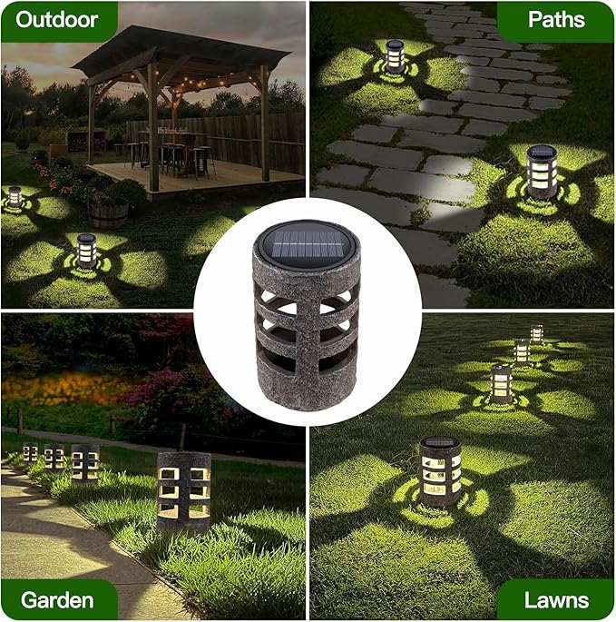 Solar Path Lights Outdoor 2 Pack, Decorative Pattern Lighting, Auto On/Off Dusk to Dawn, Waterproof Solar Landscape Lights, Modern Resin Garden Lights for Yard Patio Walkway (Gray)